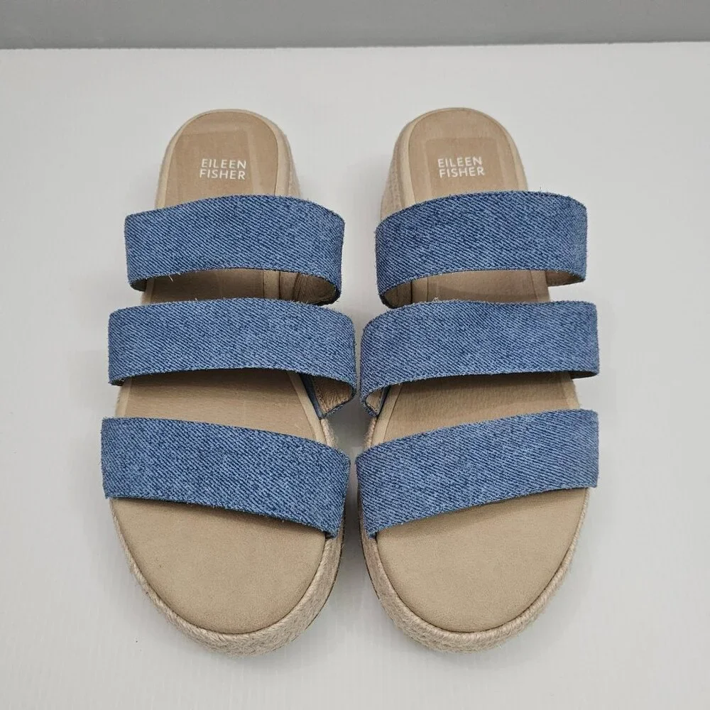 Eileen Fisher Mayla Espadrille Sandal Womens 10 Denim Jute Platform Slide
